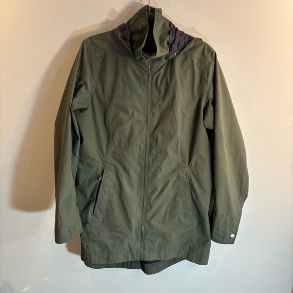 MARMOT Sz L Rain Coat Parka Olive with Purple Lining Retractable Hood Pockets - Picture 2 of 9